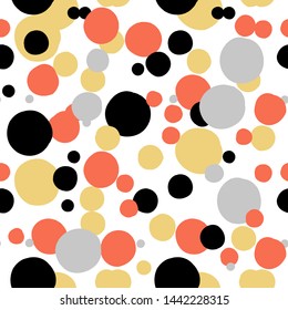 Ditsy vector polka dot pattern with random hand painted circles in white, black, coral red, silver, gold colors. Seamless texture in vintage 1960s fashion style. Modern background with round shapes