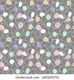 Ditsy vector polka dot pattern with random hand-painted circles in white, pastel colors. Seamless texture in vintage style. Modern background with shapeless curves, circles.