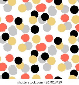 Ditsy vector polka dot pattern with random hand painted circles in white, black, coral red, silver, gold colors. Seamless texture  in vintage 1960s fashion style. Modern background with round shapes
