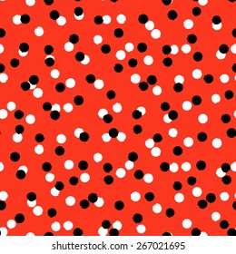 Ditsy vector polka dot pattern with scattered hand drawn small circles in red, black and white colors. Seamless texture in vintage 1960s fashion style. Classic background with painted round shapes