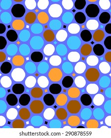 Ditsy vector polka dot pattern with random circles in bright multiple colors on violet background. Seamless texture in vintage 1960s fashion style. Modern hipster design with round shapes