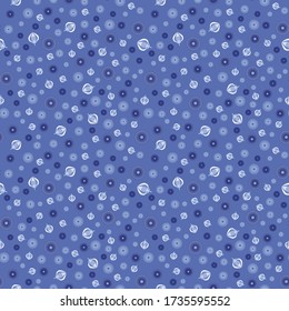 Ditsy  vector seamless pattern medieval ornaments  whimsy flowers leaves pods with dots blue white color on indigo background  cartoon style, handrawn ,kids textile wrapping paper