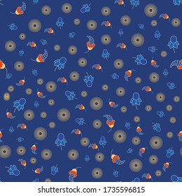 Ditsy vector seamless pattern medieval ornaments  whimsy flowers leaves pods with circles indigo yellow red  color on  dark blue  background  cartoon style, handrawn ,kids textile wrapping paper
