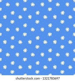 Ditsy vector seamless pattern with small flowers and polka dots. Vector background in vintage retro art deco style and bright blue colors. Simple floral texture. Geometric grunge motif