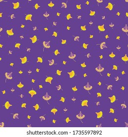 Ditsy vibrant vector seamless pattern medieval ornaments  whimsy flowers leaves pods with dots  yellow beige lilac color on purple background  cartoon style, handrawn ,kids textile wrapping paper