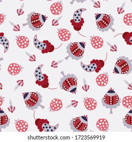 Ditsy vivid  seamless pattern floral medieval ornaments with polka dots whimsy flowers ,pods, grey red burgundy blue pink color on pale background  cartoon style, handrawn ,kids textile wrapping paper