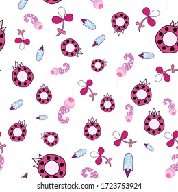 Ditsy vivid  seamless pattern floral medieval ornaments with polka dots whimsy flowers ,pods,  burgundy blue pink color on white background  cartoon style, handrawn ,kids textile wrapping paper