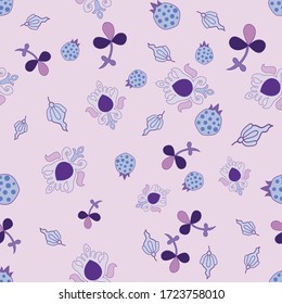Ditsy vivid  seamless pattern floral medieval ornaments with polka dots whimsy flowers ,pods, leaves pink purple blue color on pale lilac background  cartoon style, handrawn ,kids textile  decoration