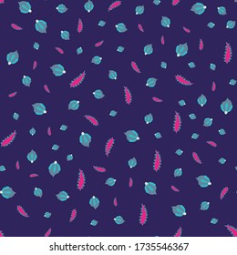 Ditsy vivid seamless pattern medieval ornaments  whimsy flowers leaves pods neon pink grey teal purple white color on dark blue background  cartoon style, handrawn ,kids textile wrapping paper