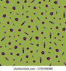 Ditsy  vividvector seamless pattern medieval ornaments  whimsy flowers leaves pods with dots purple black white color on green background  cartoon style, handrawn ,kids textile wrapping paper
