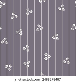 Ditsy White Flowers Scattered over a Pinstriped Charcoal Background creating a seamless pattern print background