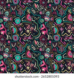 As criaturas fractais sujas decoram ladrilhos coloridos com cores brilhantes em um fundo preto arrojado, criando um design vibrante e extravagante