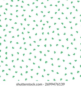 Ditzy verde xampus sem costura padrão de vetor fundo. Tossed trevo de três folhas no fundo branco. Irlandês motivos de charme de sorte. Símbolos do dia de St. Patricks espalhados para o fundo da celebração.
