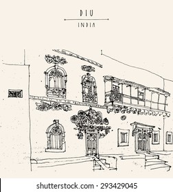 Diu, India. Amazing old traditional beautiful Portuguese colonial building Artistic freehand drawing on paper. Travel sketch. Touristic poster banner postcard template with copy space, hand lettering