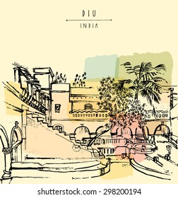 Diu, India. Amazing old traditional beautiful Portuguese colonial building. Artistic vector freehand drawing. Travel sketch. Touristic poster banner postcard template with copy space, hand lettering