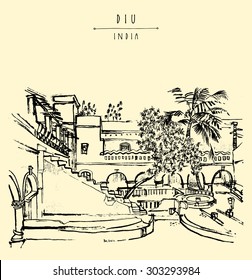 Diu, India. Amazing old traditional Portuguese colonial building. Artistic vector freehand drawing. Travel sketch. Touristic poster banner postcard template with "Diu, India" hand lettering