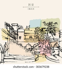 Diu, India. Amazing old traditional Portuguese colonial building. Artistic vector freehand drawing. Travel sketch. Touristic poster banner postcard template with "Diu, India" hand lettering