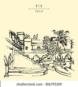 Diu, India. Amazing old traditional Portuguese colonial building. Artistic vector freehand drawing. Travel sketch. Touristic poster banner postcard template with "Diu, India" hand lettering