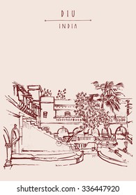 Diu, India. Amazing old traditional Portuguese colonial courtyard. Artistic freehand drawing. Travel sketch. Touristic poster, banner or postcard with hand lettering