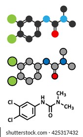 Diuron (DCMU) herbicide molecule. Stylized 2D renderings and conventional skeletal formula.