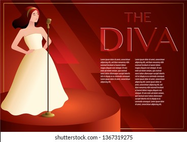 a diva is singing on the glamorous stage with vintage microphone