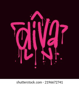 Diva - Urban street graffiti style lettering wird with splash effect and drops. Concept of feminism, women's rights. Star shaped Slogan for graphic tee,sweatshirt, poster. Vector textured illustration