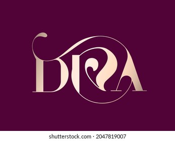 Diva wordmark.Shiny metallic rose gold color text.Luxury, elegant uppercase lettering.Typography concept.Beauty and style creative initials art isolated on dark background.Decorative swirl.