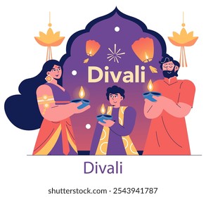 Conceito de celebração de Divali. Uma família alegremente segurando dias durante o Festival das Luzes, com decorações tradicionais. Unidade cultural e festas alegres. Ilustração vetorial.