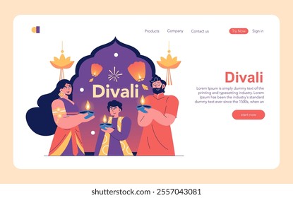 Divali concept. A family celebrates the Festival of Lights, holding diyas amid festive decorations. Cultural traditions, joyous occasion of light over darkness. Vector illustration.