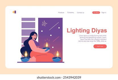 Divali concept. A woman celebrates the Festival of Lights by lighting traditional earthen diyas. Cultural tradition and spiritual moments. Vector illustration.