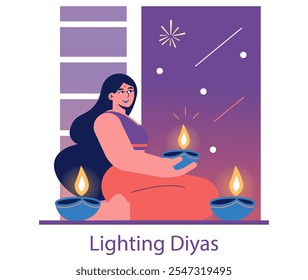 Divali concept. Woman celebrates the festival of lights by lighting traditional diya lamps. Joyful Diwali rituals and decorations. Vector illustration.