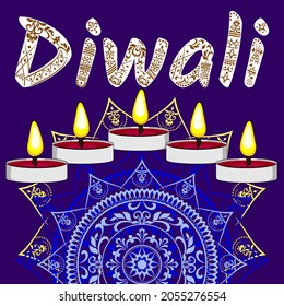 Divali festive background. Burning candles and an inscription with a pattern