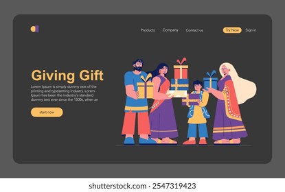 Divali gifting concept. Family exchanging presents during the festival of lights, reflecting joy and tradition. Warm colors, flat design. Vector illustration.