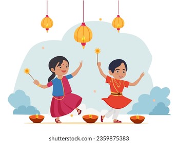 Divali Hindu Festival vector flat illustration. The Indian boy and girl in traditional attire dance with Bengali lights in their hands.