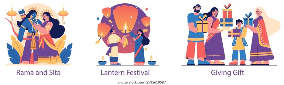 Divali definido. Celebrações do Festival das Luzes com Rama e Sita, um Festival de Lanternas, e a tradição de presentear. Representação cultural colorida. Ilustração vetorial.