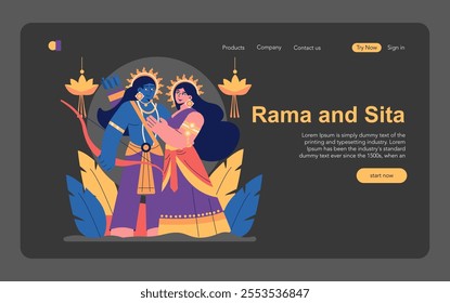 Divali web banner concept. Illustration featuring Rama and Sita with a backdrop of Diwali lamps, celebrating the festival of lights. Vector illustration.