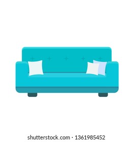 Divan icon with pillows in flat style. Vector colored illustration isolated on white background 