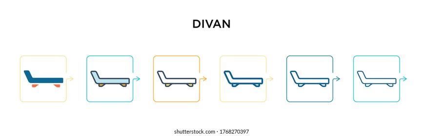 Divan vector icon in 6 different modern styles. Black, two colored divan icons designed in filled, outline, line and stroke style. Vector illustration can be used for web, mobile, ui