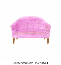 Divan. Watercolor sofa on the white background, aquarelle. Vector illustration. Hand-drawn decorative element useful for invitations, scrapbooking, design. Home and furniture 