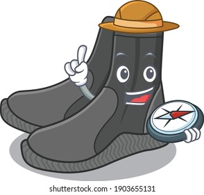 Dive booties mascot design style of explorer using a compass during the journey