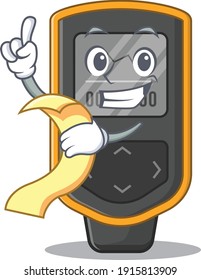 Dive computer mascot character style with food and beverage menu on his hand