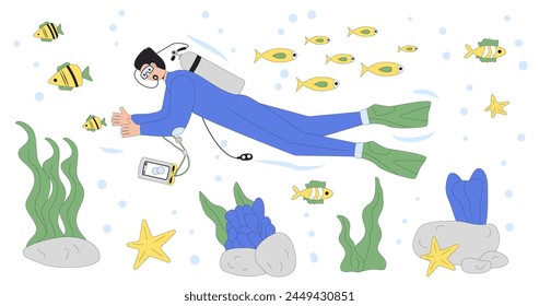 Dive concept Man divers swimming in water suits, oxygen masks, tanks and equipment for scuba and snorkel. Underwater sea marine tourism. Flat line art vector illustrations isolated on white background