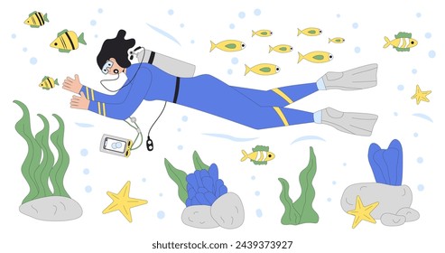 Dive concept Woman divers swimming in water suits, oxygen masks, tanks and equipment for scuba and snorkel. Underwater sea marine tourism. Flat vector illustrations isolated on white background