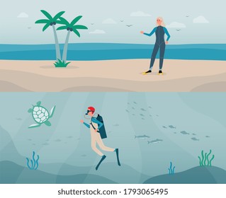 The dive deep in water. Diver man with aqualung, fish and turtle on underwater background. A blonde woman in a scuba suit stands on the sea or ocean beach. Vector flat illustrations.