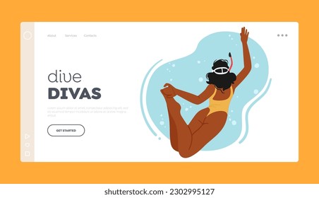 Dive Divas Landing Page Template. Female Swimmer Character Gracefully Glides Through Water, Arms Extended, Body Streamlined. She Descends Into The Depths With Ease. Cartoon Vector Illustration