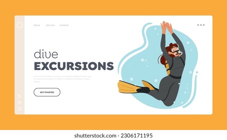 Dive Excursions Landing Page Template. Female Character Diver Wears Scuba Gear Explore And Study Underwater World. Using Specialized Equipment, Observe Marine Life. Cartoon People Vector Illustration