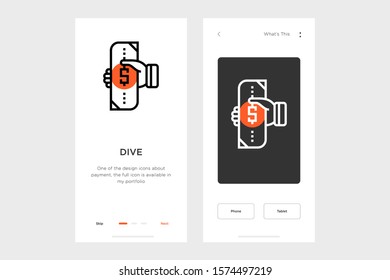 dive icon on a dark and light background. accompanied by layout design for the mobile app. made for payment icon