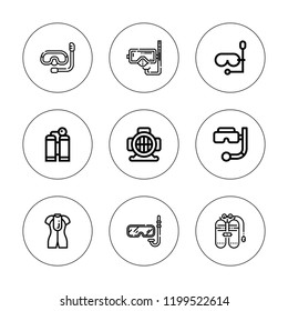 Dive icon set. collection of 9 outline dive icons with aqualung, diving mask, oxygen tank, snorkel icons. editable icons.