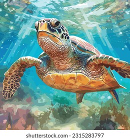 Sumérjase en las profundidades del azure con nuestra cautivadora ilustración vectorial de tortugas marinas. Perfecto para proyectos de diseño, arte mural, o simplemente para inspirar tu imaginación oceánica.