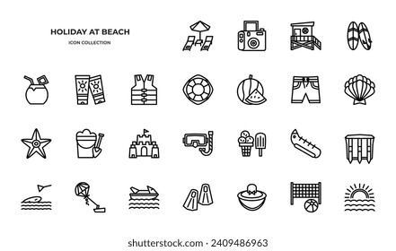 Dive into the coastal vibes with the Holiday at Beach Icons Pack. This set comprises line icons that encapsulate the spirit of a beach holiday. The flat design of the icons adds simplicity and adaptab